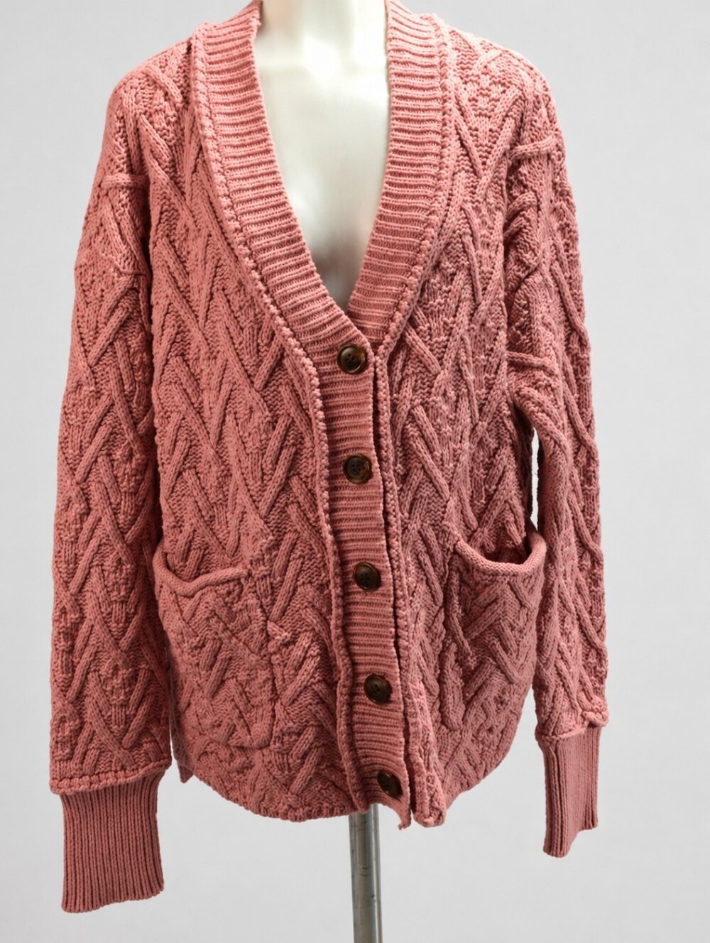 Chunky Knit Pink Cardigan Medium Button Front Sweater Patch Pockets